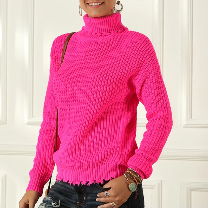 Женский свитер с высоким воротником розовый однотонный Свободный пуловер на