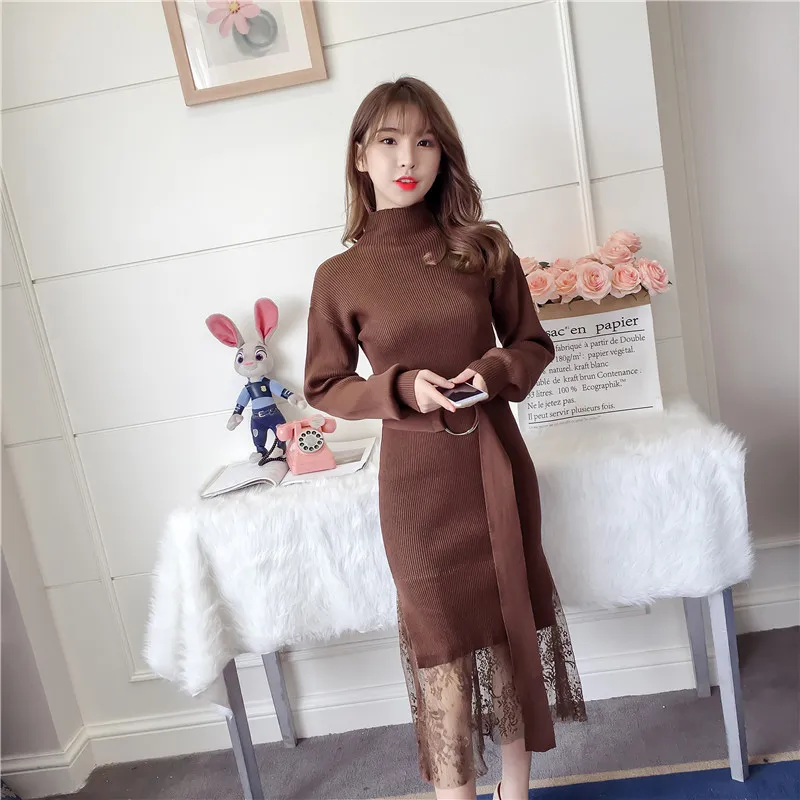 2019 осень зима Платья свитеры Для женщин тонкий с высоким плотно облегающим шею