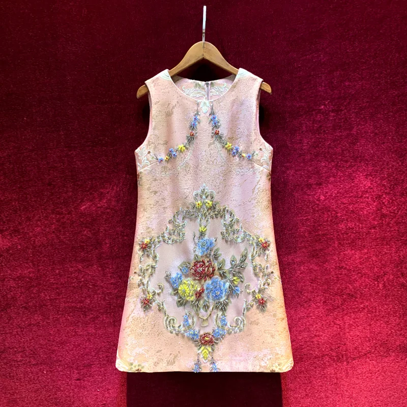 

Heavy industry beaded high-end custom female 2021 summer new ladies temperament is thin and light luxury pink dress