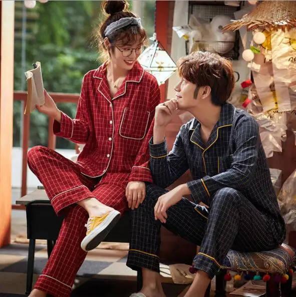 Клетчатый пижамный комплект для пар Fdfklak одежда сна с длинным рукавом на весну и