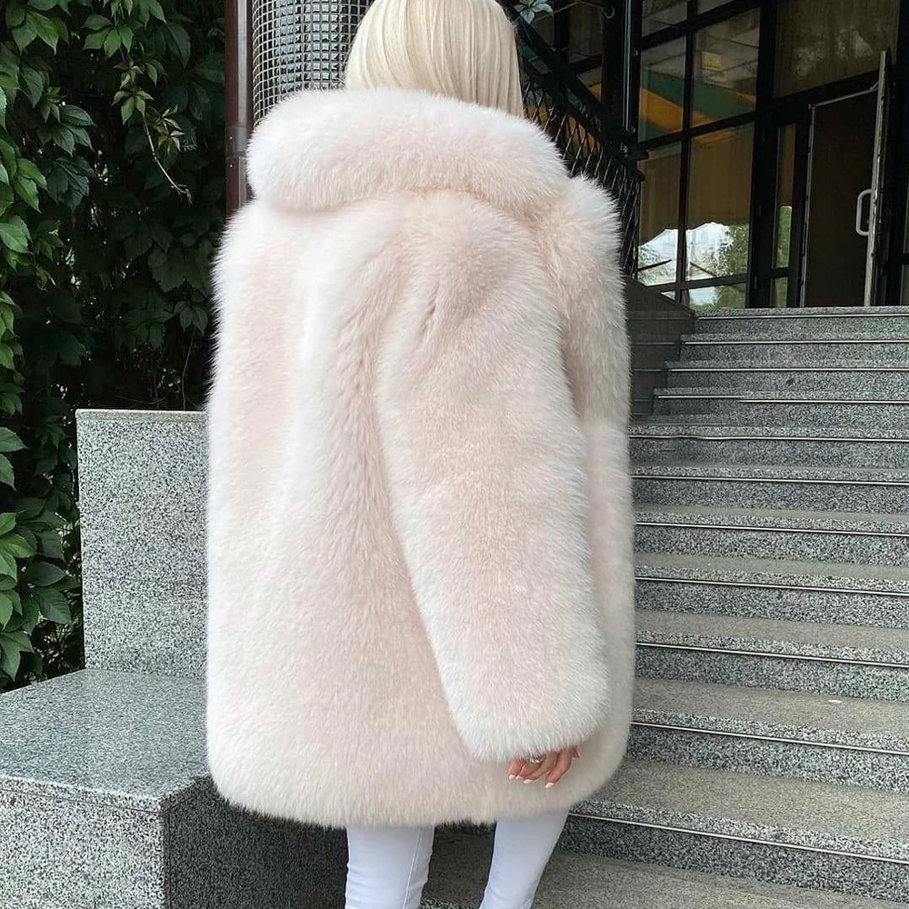Mid-length Real Fox Fur Coat with Big Turn-down Collar Whole Skin Genuine Fox Fur Coats Woman Winter Outwear Trendy Fox Jackets