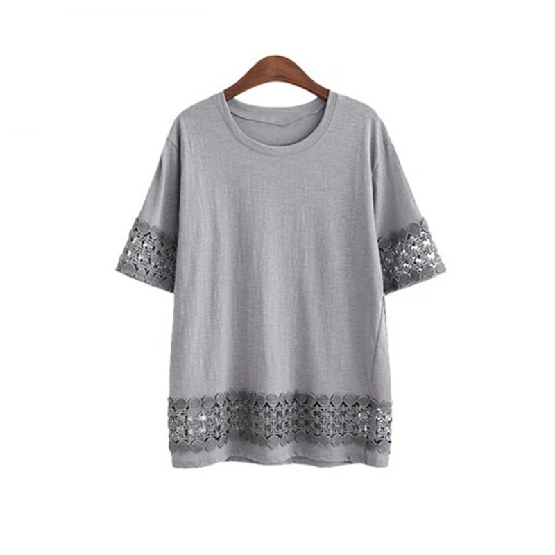 Новинка 2019 Повседневная Свободная футболка с круглым вырезом кружевной вышивкой