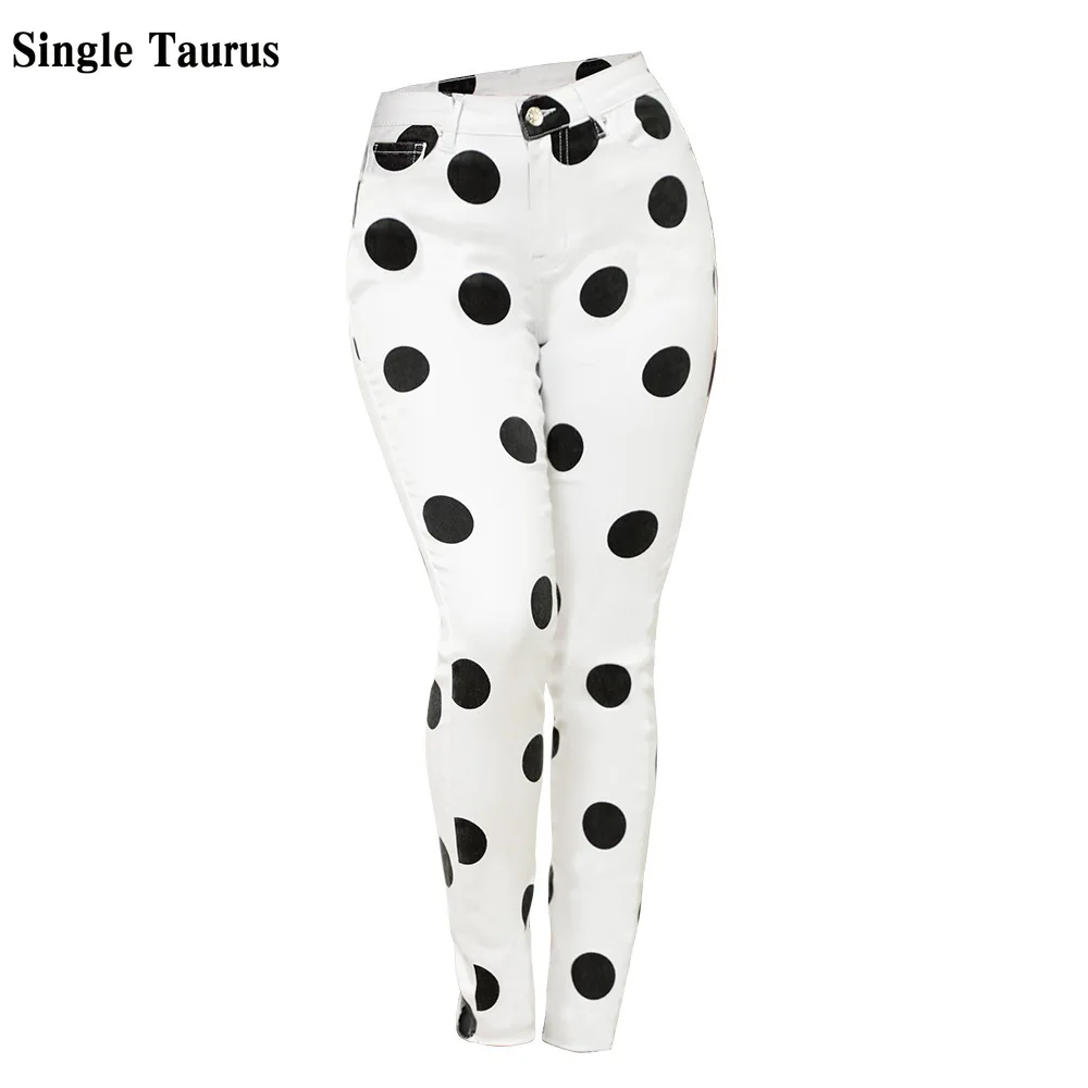 

Fashion White Black Big Dot Printing Push Up Jeans Casual Slim Skinny Dalmatian Denim Pencil Pants for Women