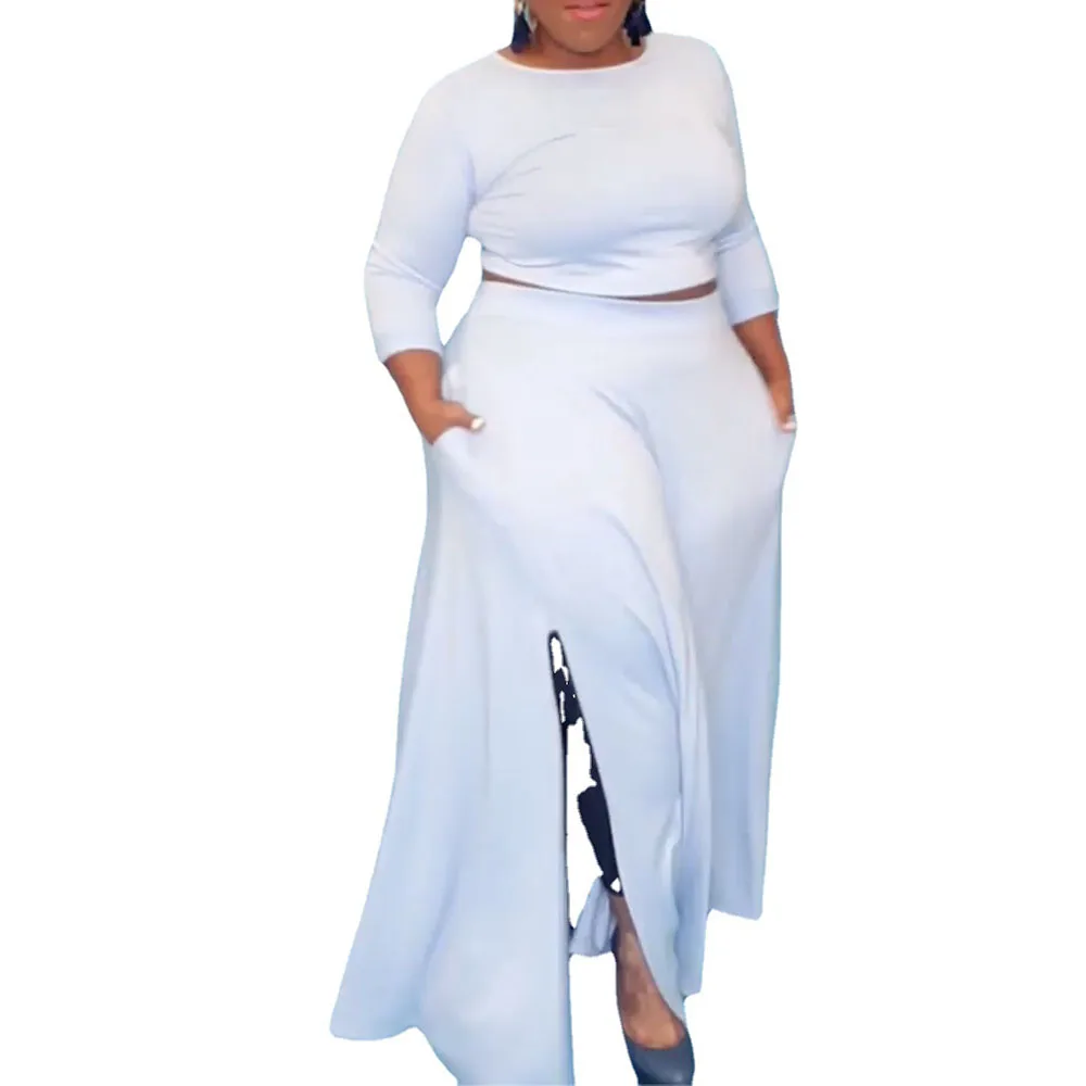 

2021 European American Temperament Women Two Piece Autumn Winter High Waist Solid Color Round Neck Long Sleeve Dress Plus Size