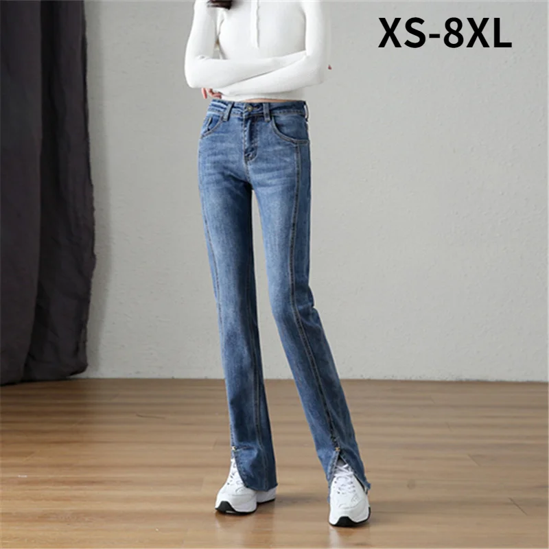 

New Spring Autumn Women height waisted Light Blue Denim Micro Flared Pants for Women's plus size 8XL jeans pants