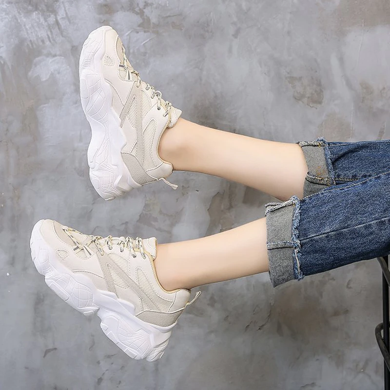 W- Brand spring and autumn new mesh breathable thick-soled students wild wear increased daily solid color lace up women's shoes | Обувь