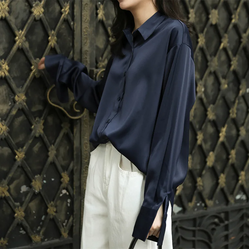 Рубашка женская однотонная с длинным рукавом повседневная простая блузка из