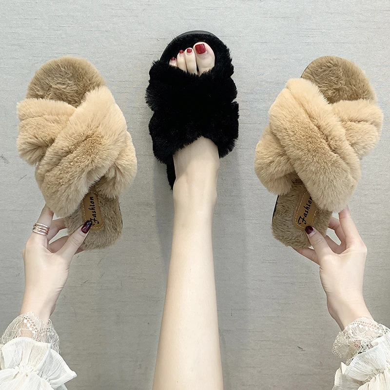 

Women Fluffy Slippers Shoes Woman Cross Belt Fur Slippers Home Slides Ladies Furry Ladies Sweet Cute Home Indoor Flip Flops 2020