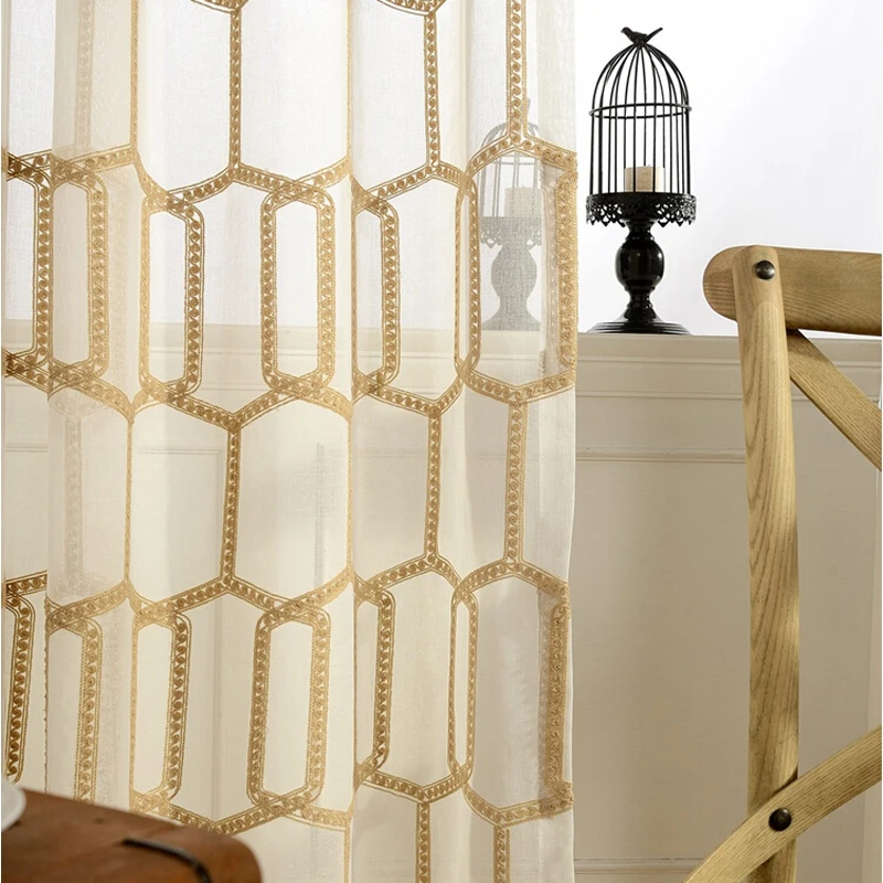 

New Honeycomb Embroidery Voile Window Curtains Panels Gold Color Geometric Sheer Tulle Process Custom Size for Living room