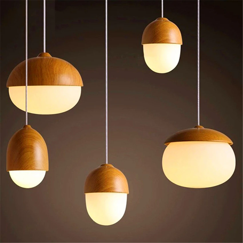 

Nuts Acorn Small Mushrooms Hanging Lamp Glass Milky Ball Glass Wood Grain Iron Modern Pendant Lamp Led Pine Cone Pendant Light