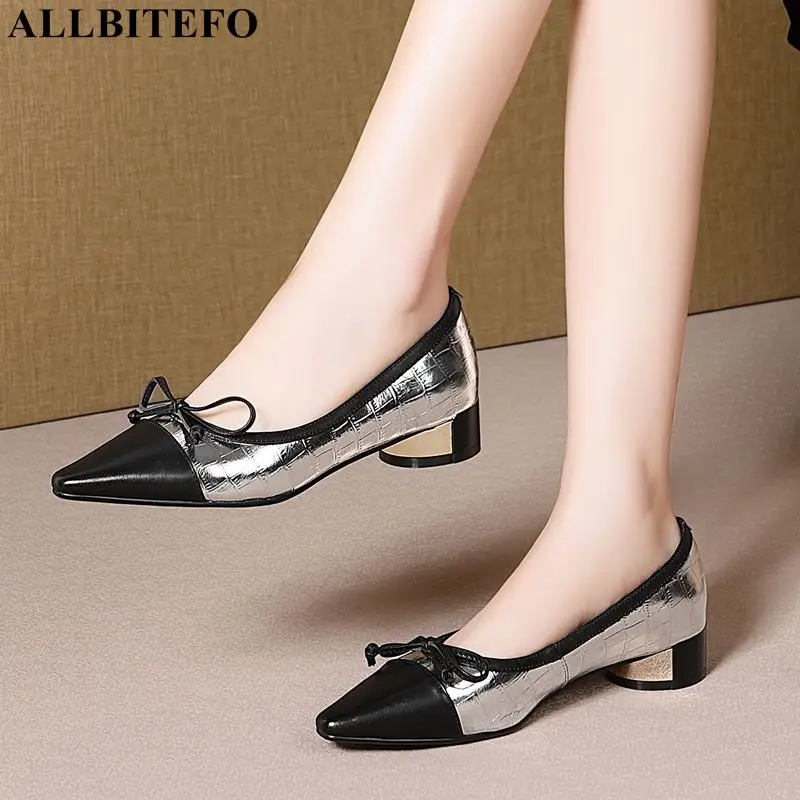 

ALLBITEFO large size:34-42 genuine leather low-heeled comfortable office ladies shoes thick heels women shoes party women heels