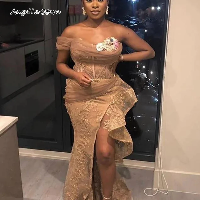 

African Aso Ebi Style Champagne Lace Corset Formal Evening Dress Sexy Side High Split One Shoulder Plus Size Mermaid Prom Gowns