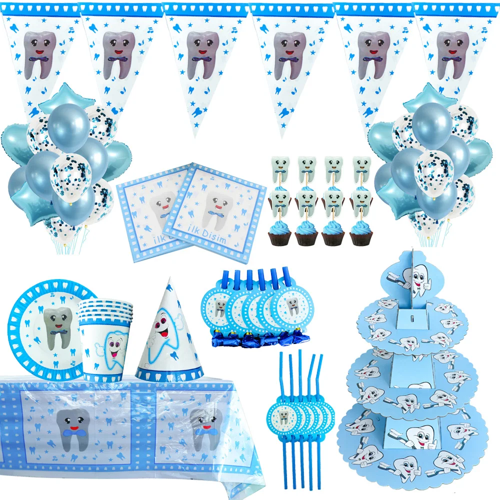 

Blue Teeth Theme Boy's Birthday Party Decorations Teeth Disposable Tableware Paper Cups Plates Straws Balloons Baby Shower