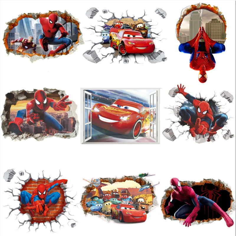 

90x60cm Big Spiderman Cars Wall Stickers For Kids Room Decor Bedroom Child Spider-man 3d Wallpaper Vinyl Poster Home Decoration