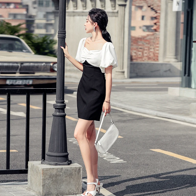 

Black Short Sleeve Dress Summer New Retro French Lantern Sleeve Slim Elegant Party Celebrity Mini Dress For Woman