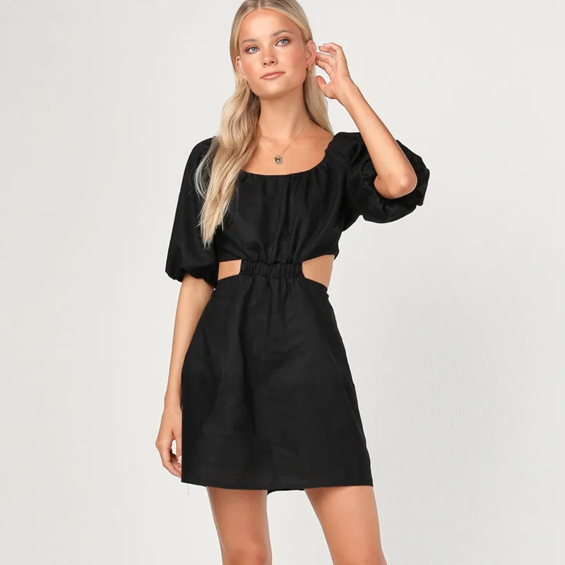 

Женское ажурное платье с коротким рукавом, элегантное черное Хлопковое платье-трапеция мини с круглым вырезом и высокой талией