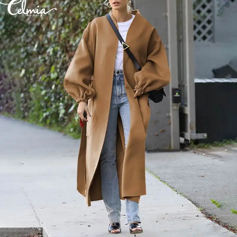 

Celmia Winter Wools 2021 Fashion Streetwear Long Coat Women's Elegant Belted Cardigan Casual Long Sleeve Pockets Solid Outerwear