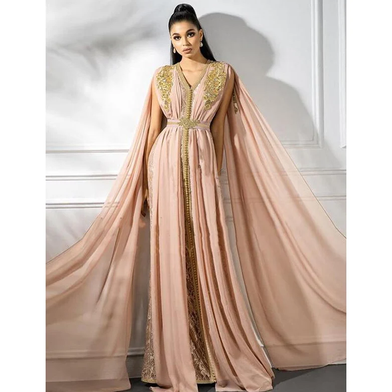 

Moroccan Kaftan Caftan Muslim Evening Dresses A-line V-neck Chiffon Lace Pearls Dubai Arabic Turkey Abaya Islamic Evening Gown