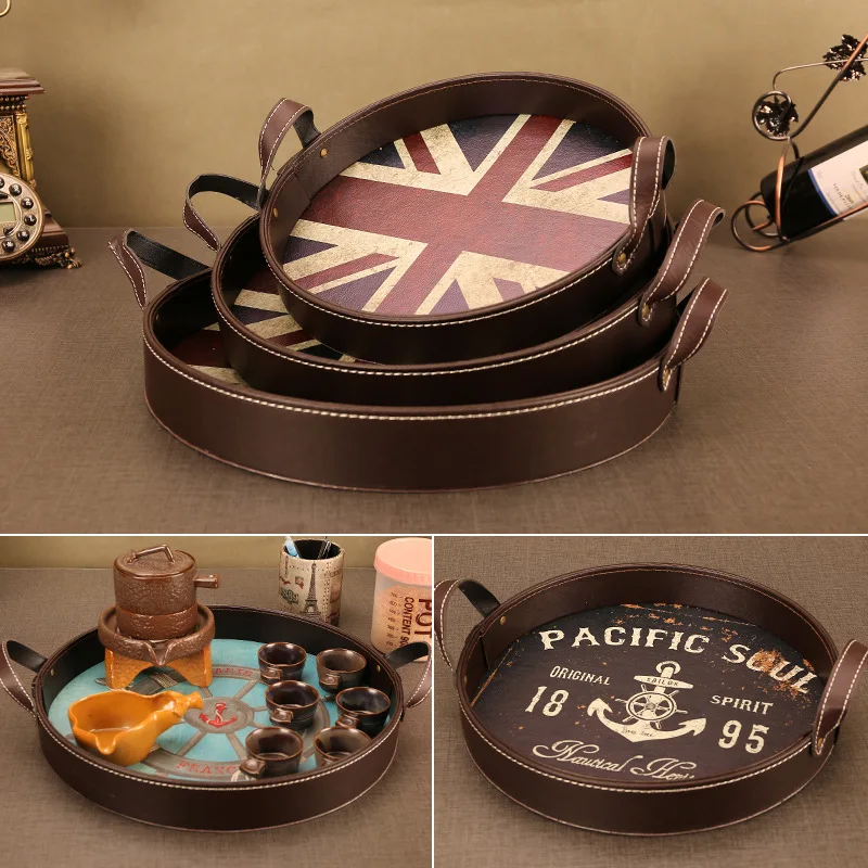 Европейский ретро кожаный круглый лоток для хранения многофункциональный