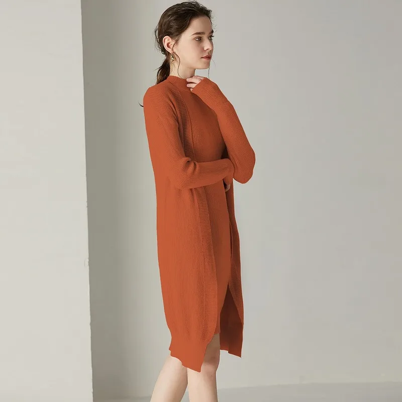 

Women's Oversized Two Piece Knitting Outfits Solid Open Stitch Mid-long Knitted Cardigans Matching Up Knitted O-Neck Mini Dress