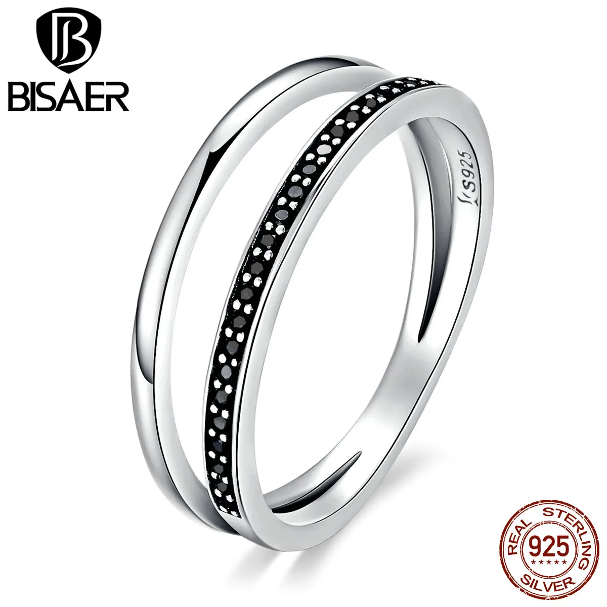 BISAER, 925 пробы, серебряное кольцо, Настройка канала, черная и белая полоса, неправильные кольца на палец для женщин, обручальное ювелирное изделие SR082