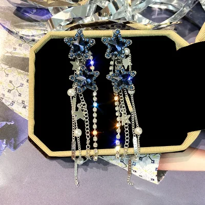 Korean Style Shiny Star Drop Earrings for Women New Bijoux Long Tassel Blue Crystal Dangle Jewelry Accessories |