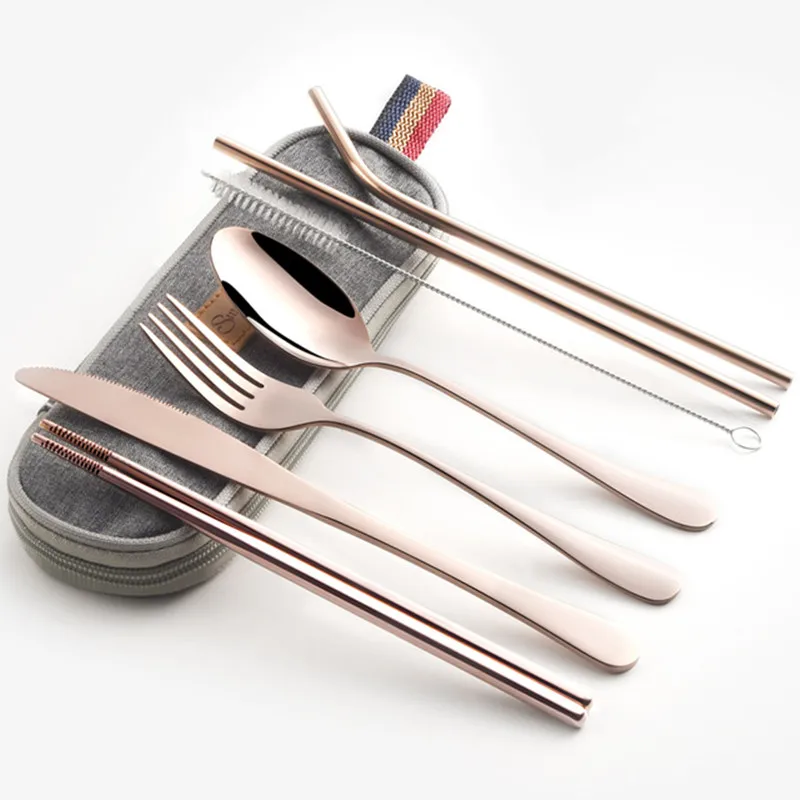 

Stainless Steel Dinnerware Set Spoon Fork Chopsticks Straw Metal With Cloth Pack Cutlery For Travel Outdoor Office Picnic BBQ