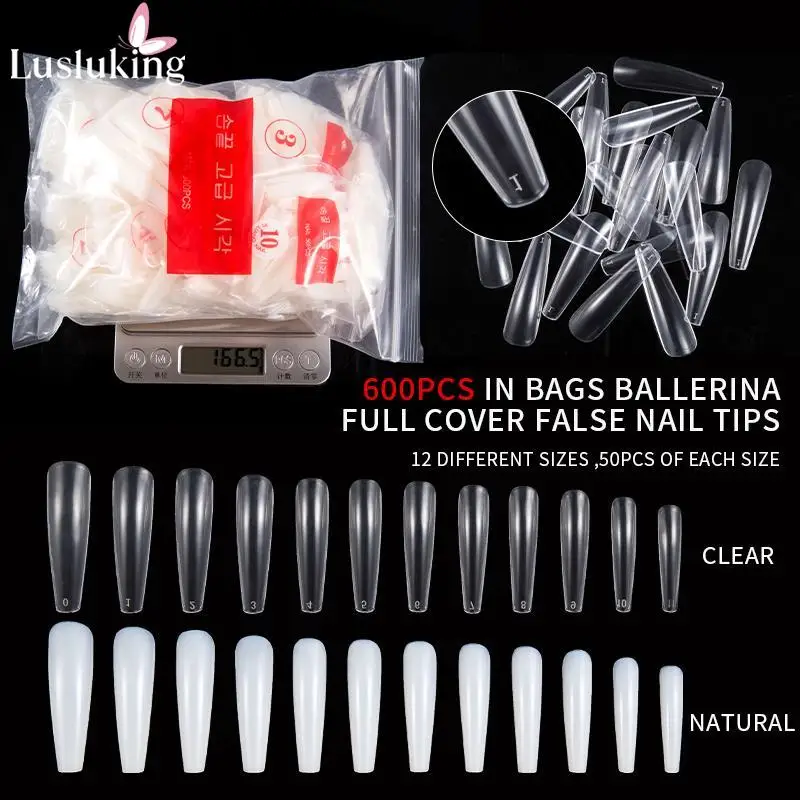 Full Cover Long Ballerina Coffin False Nail Tips Manicure Extension Fingernails Tool Natural/Clear 240/600Pcs Set