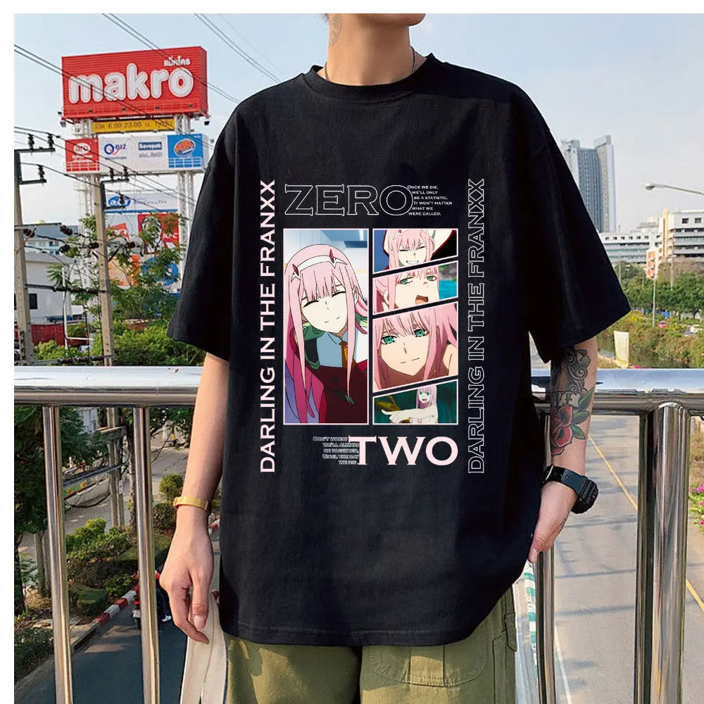 

New Style Fashion Anime Darling In The Franxx Zero Two Print Fashion Comfortable Casual Cotton Summer Short Sleeve Balck T-Shirt