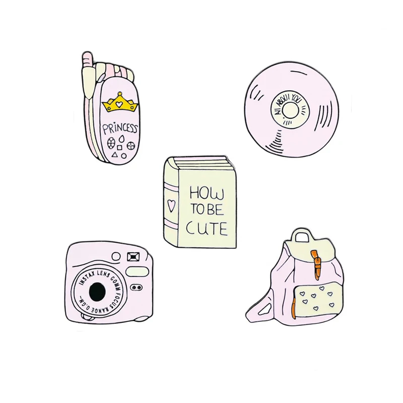Pink Camera Metal Enamel Brooch Sweet Cute Princess Flip Phone CD Backpack Badge Pin Kawaii Trendy Jewelry Accessories Gift