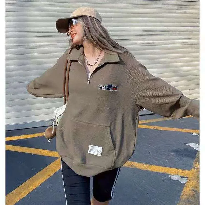 Женская винтажная Толстовка в клетку с воротником-поло и надписью | одежда