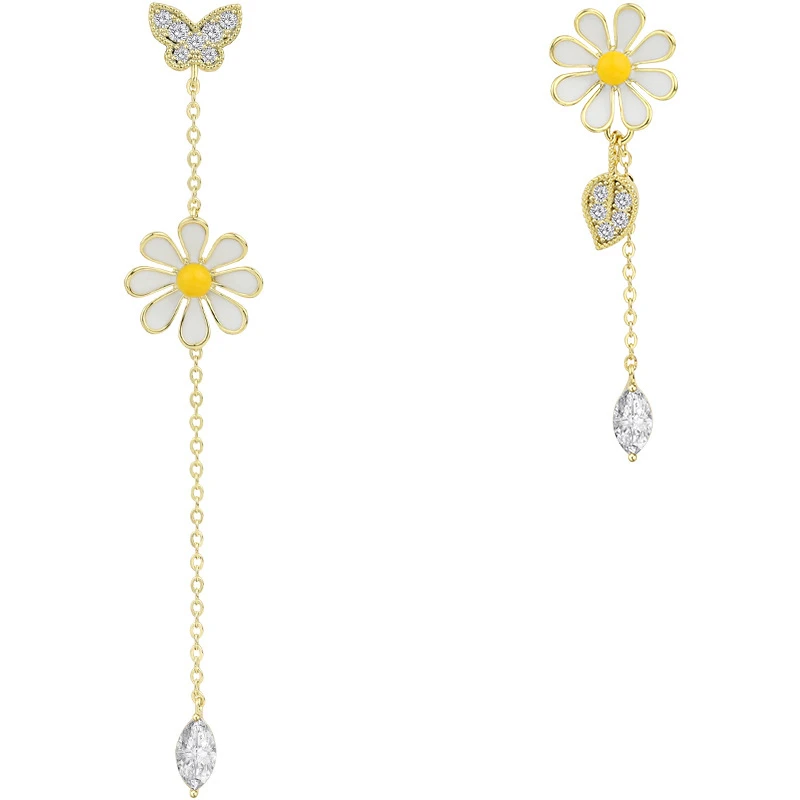 

Fashion S925 Sterling Silver Dissymmetry Drop Earrings with Long Section Tassel Daisy for Women Girlfriend Gift Jewelry EK-066