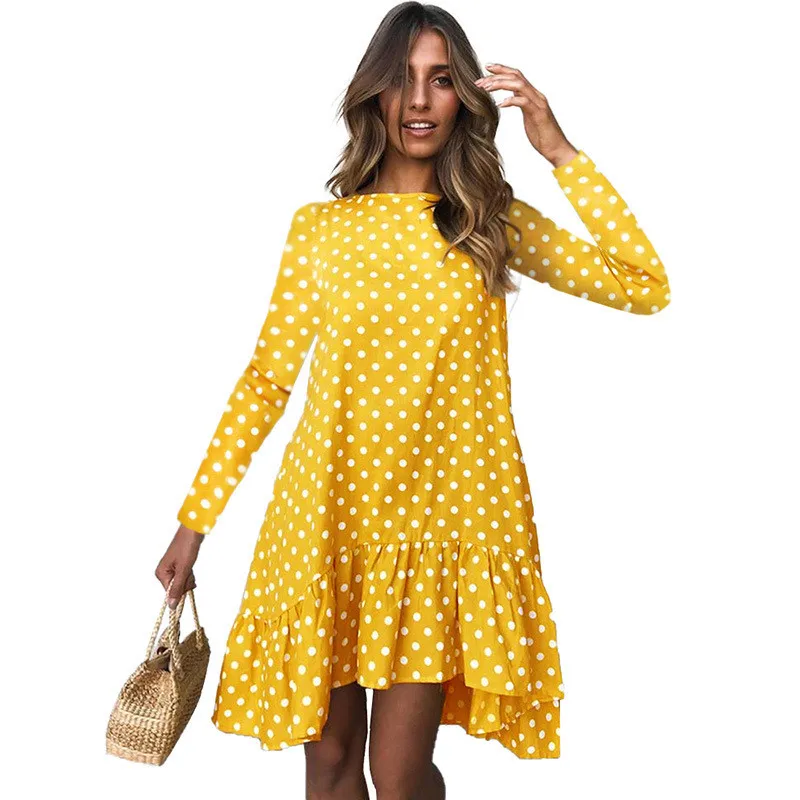 

Women Autumn Dress Fashion Polka Dot Chiffon Dress Loose Long Sleeve O Neck Ruffle Female Casual Dress 2020 Retro Vestidos Mujer