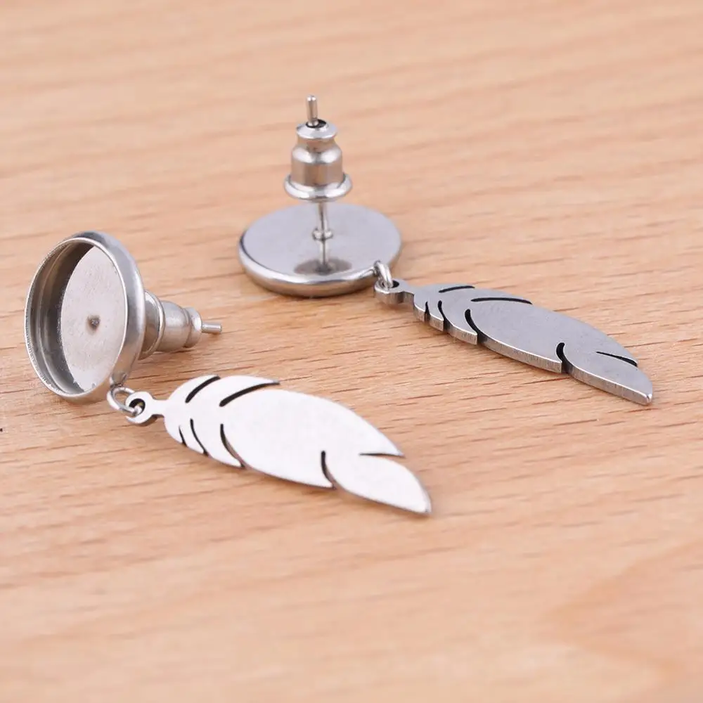 10pcs Stainless Steel Earring Findings Fitting 10mm Cabochon Stud Earrings Base Blank Bezel Settings with feather charm