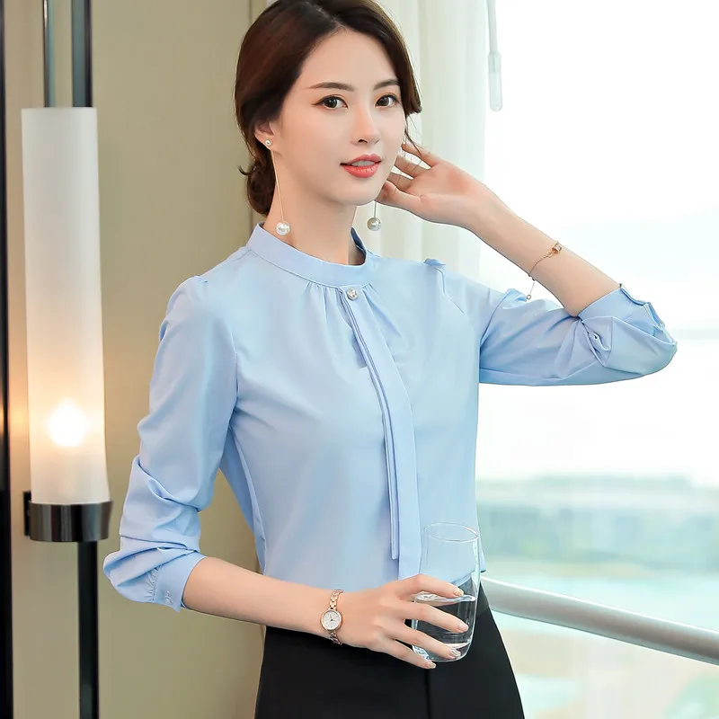 Женская шифоновая рубашка элегантная приталенная Деловая блузка с бантом и