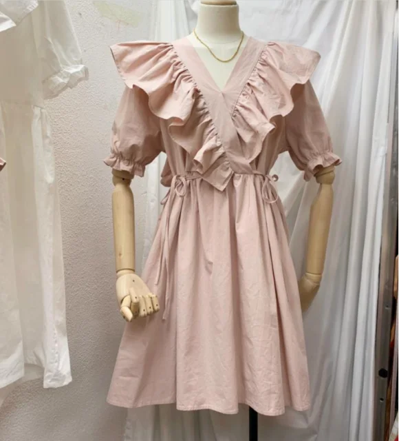 

Woman Dress Summer Lantern Sleeve High Waist Ruffles Lace Up A-line Dresses 2020 Vintage Solid color Elegant V-Neck Dress