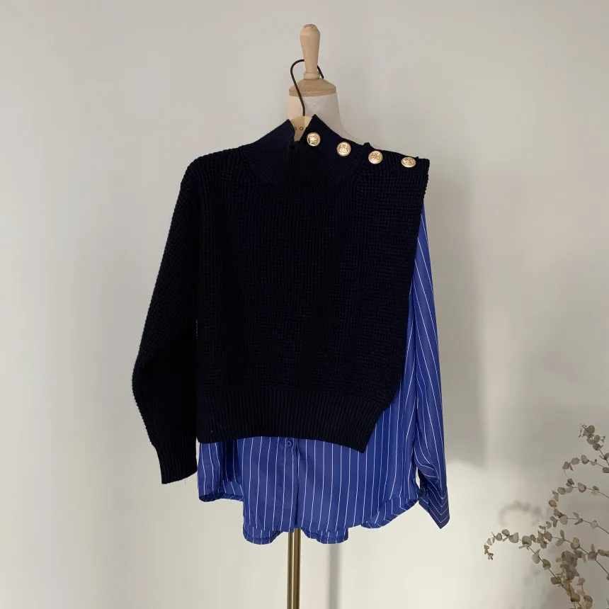 

REALEFT Shirts Patchwork Turtleneck Women's Sweater 2020 New Stylish Puff Sleeve Buttons Knitted Classic Lady Sweaters Female