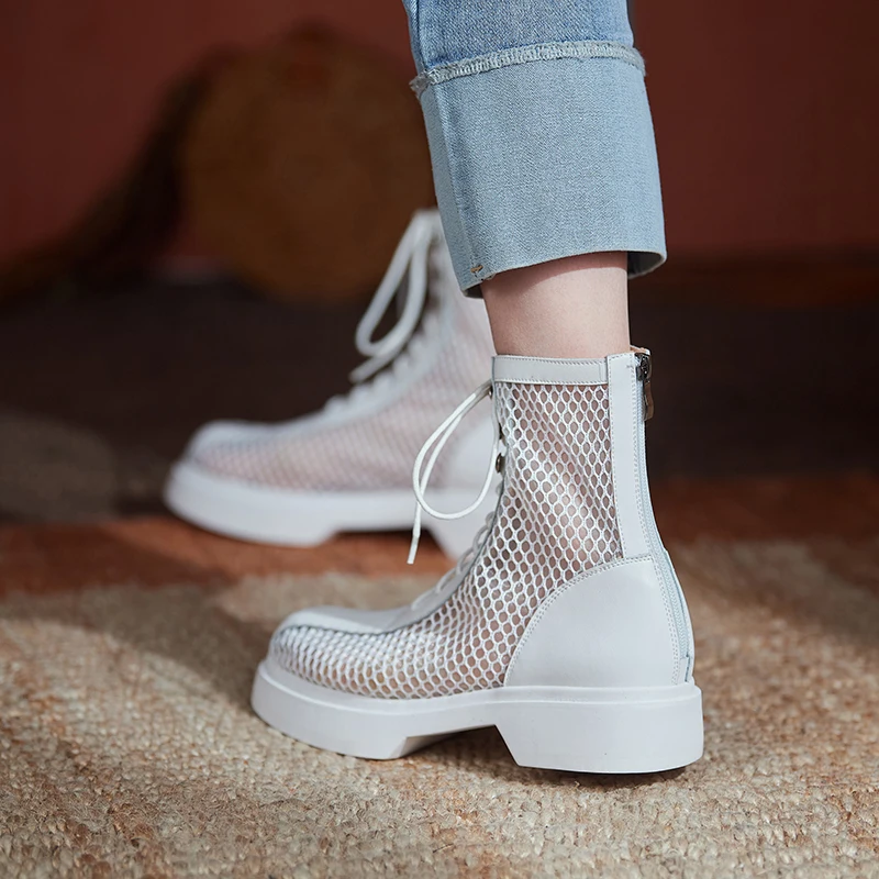 

Women Summer Boots plus size natural leather 22-26.5cm Cow split leather+Large hole mesh Women Breathable Back zipper net boots