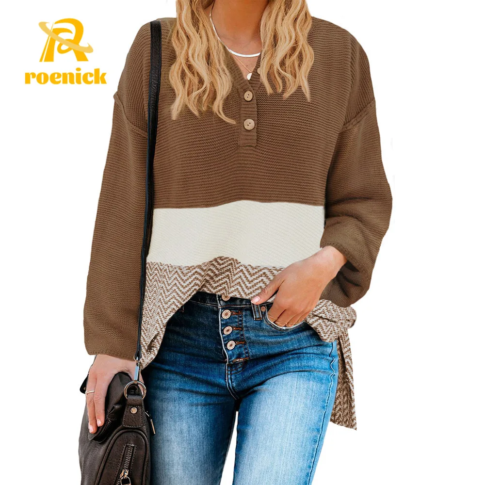 

Женский пуловер ROENICK из искусственного кашемира с V-образным вырезом, вязаные свитера контрастных цветов в стиле ретро на осень и зиму, свобо...
