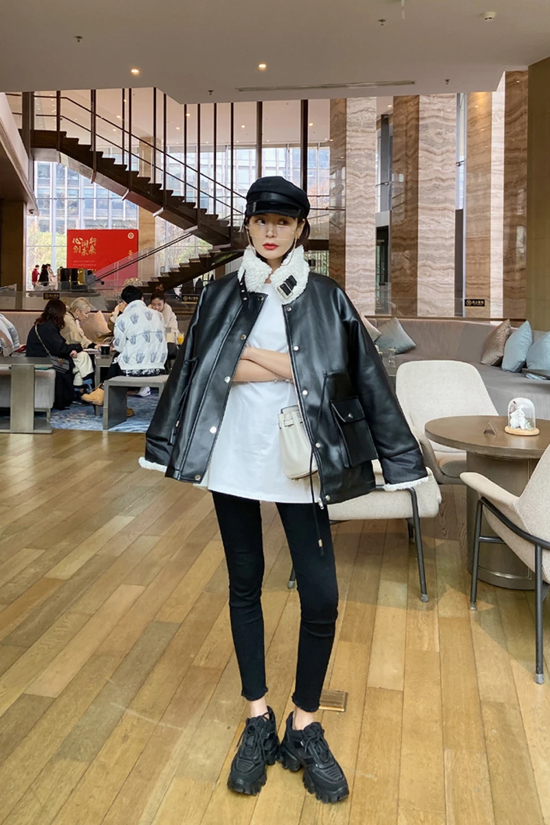 

Lamb Wool Coat 2020 Winter Fur One-Piece Thick Mid-Length Motorcycle Loose Velvet Women Leather Jacket Mujer Chaqueta