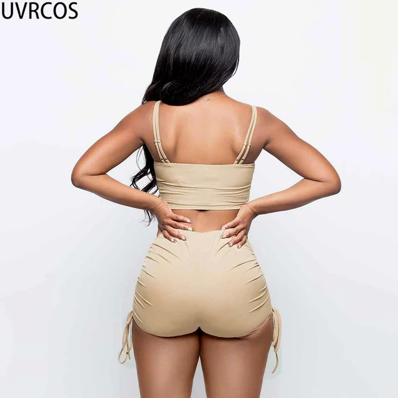 

UVRCOS Short Sets For Women Matching Sets Female Solid Backless Sleeveless Stacked Drawstring Crop Tops Mujer+Shorts 2 Piece Set