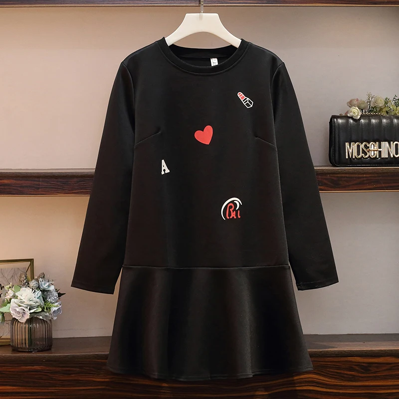 Женское платье с длинным рукавом Черное мини составного кроя мультяшным принтом