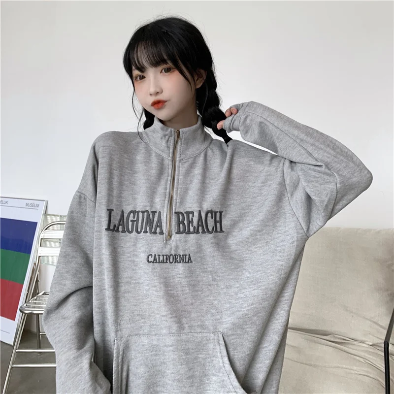 

High Street Hiphop Mock Neck Hoodie Women's Spring and Autumn Loose Fashion Ins Idle Style BF Thin Hong Kong Style Chic Coat