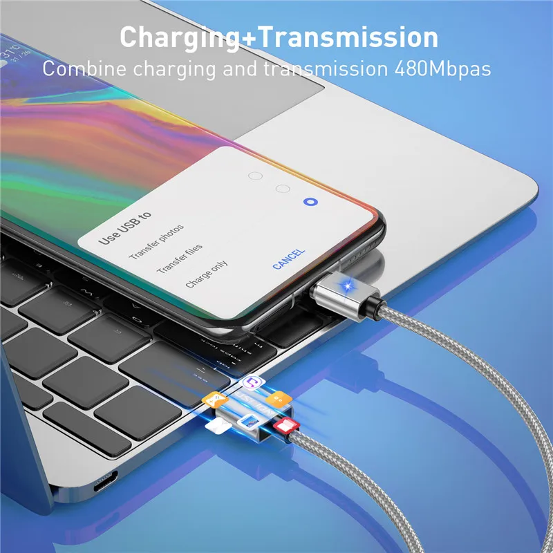 Магнитный USB-кабель USLION кабель Micro-Type C для телефона светодиодный быстрой зарядки
