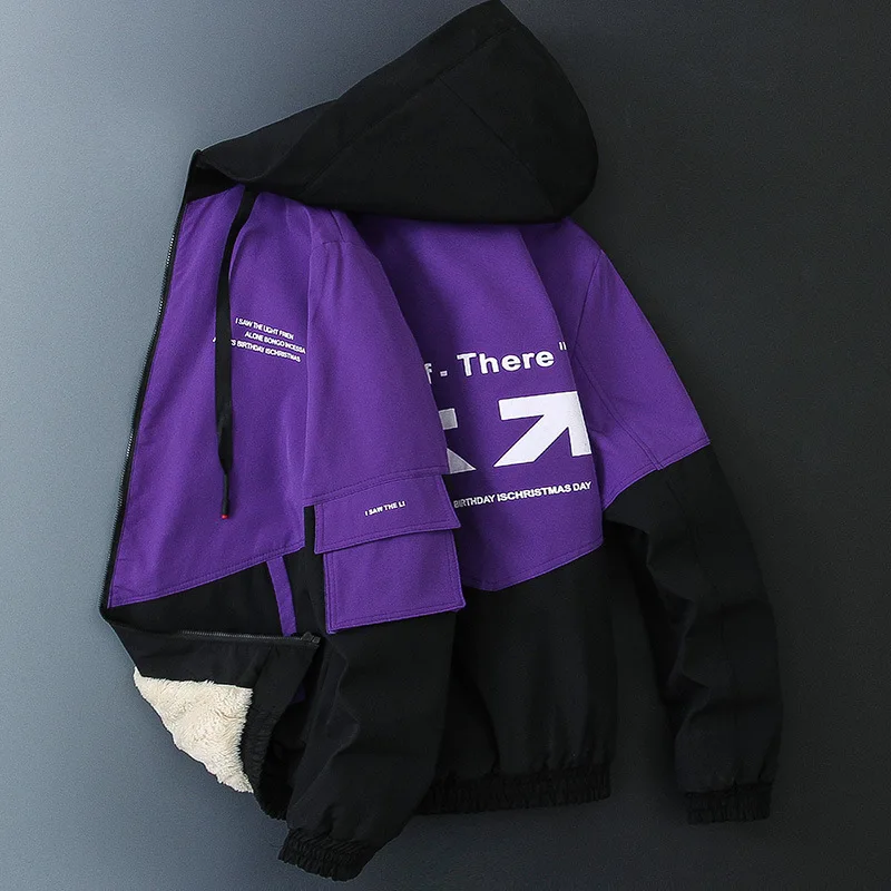 

5 Colors M-3XL Winter Plush Print Cargo Jackets Male Windproof Zipper Pocket Hooded Pilot Jacket Men Autumn Oversized Coat 2021