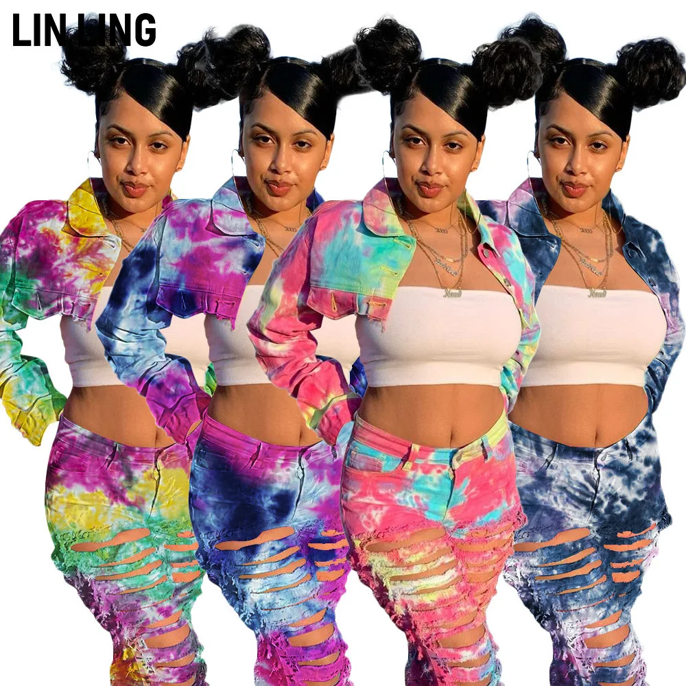 

LINLING Spring Lapel Button Tie Dye Printing Short Cut Leisure Trend Denim Singleton Coats and Jackets Women