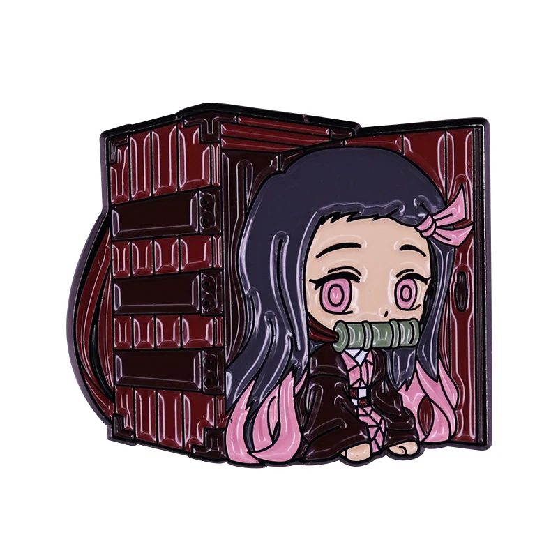 Demon Slayer Anime Chibi Pin Brooch Cute Kimetsu no Yaiba artwork showcasing Nezuko peeking from her box!