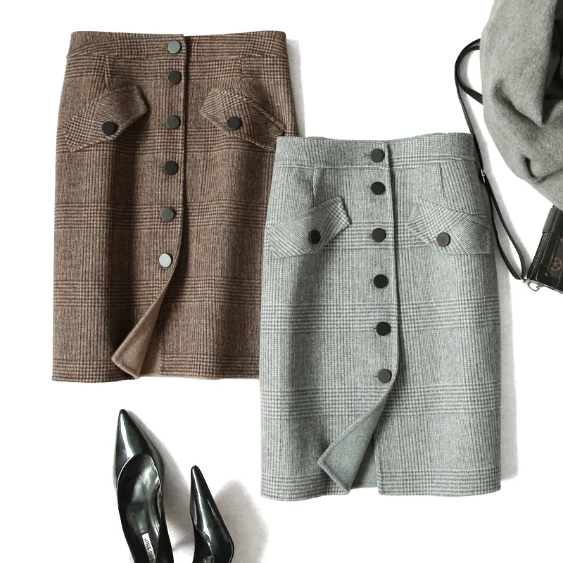 

wool double-sided tweed skirt 2021 new plaid skirt autumn and winter fashion women's wool tweed skirt