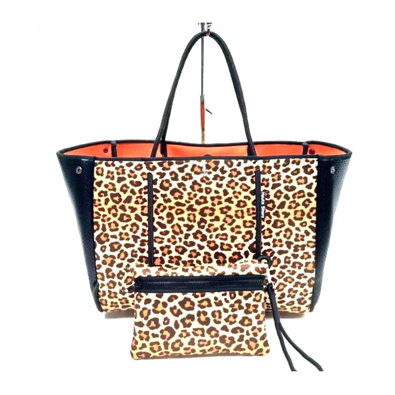 

Leopard Print Neoprene Fashion women Handbag Waterproof Neoprene Beach Tote Bag neoprene bags