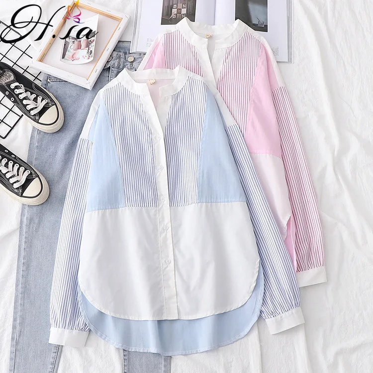 

Hsa Autumn New Korean Style Patchwork Striped Long SleeveShirt Female Vertical Blouses with Slimmer Chic Student Shirt Tops